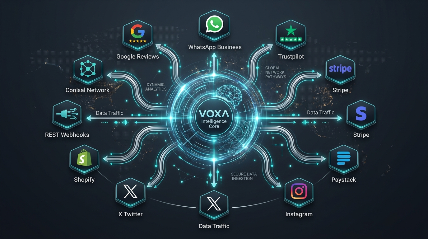 VOXA integration network connecting Google Reviews, WhatsApp, Trustpilot, Stripe, Paystack, Instagram, Shopify and REST APIs