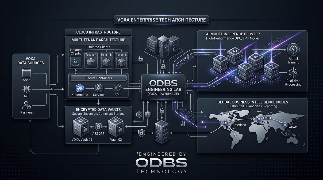 VOXA engineered by ODBS Technology — enterprise-grade AI infrastructure, multi-tenant cloud and data vaults